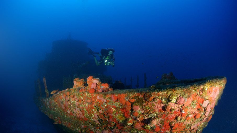 Passeio de fotografia subaquática leva turista ao naufragado Corveta Ipiranga V17