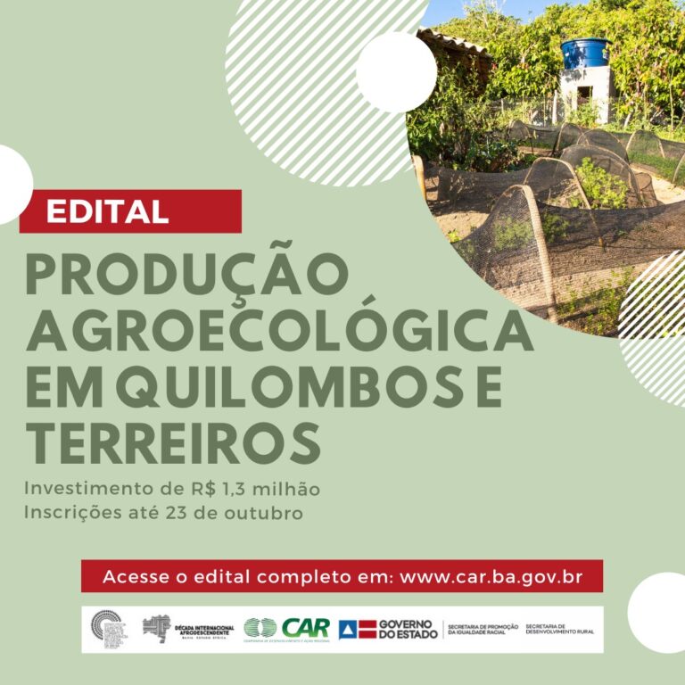 Edital visa implantação de unidades de produção agroecológica em quilombos e terreiros