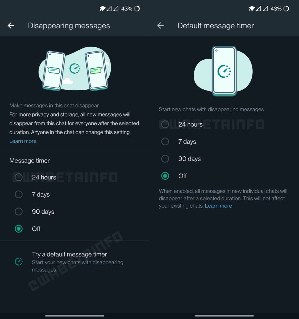 Novas opções para mensagens temporárias do WhatsApp Beta para Android (Imagem: Reprodução/WABetaInfo)