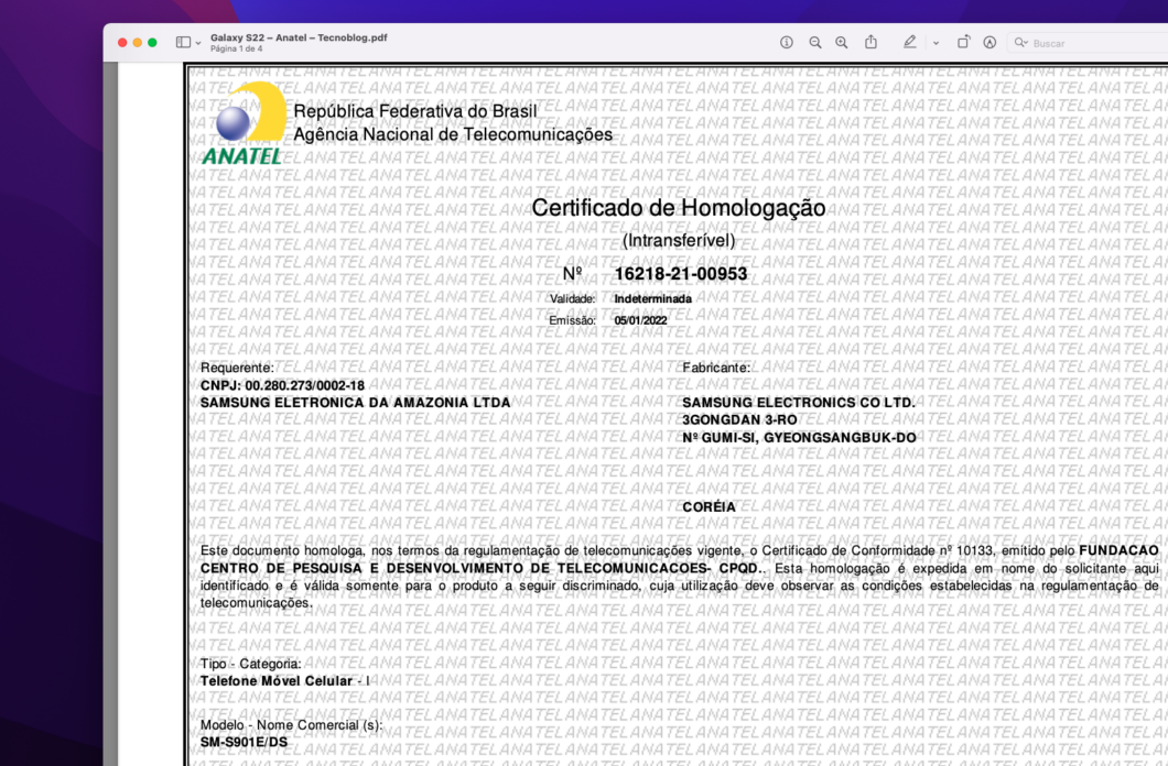Certificado de homologação do Galaxy S22 (Imagem: Reprodução/Tecnoblog)