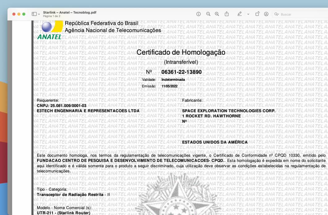 Certificado de homologação do roteador da Starlink (Imagem: Reprodução/Tecnoblog)