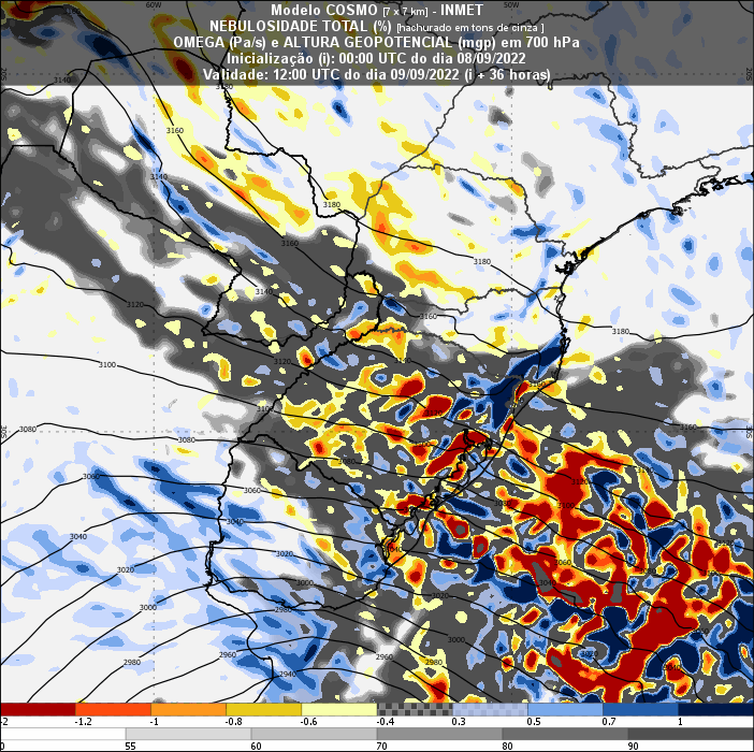 Massas de ar quente e frio se chocam entre as regiões Sul e Sudeste do Brasil, informa sistema do Inmet.