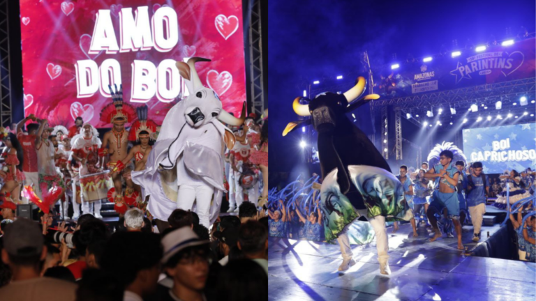 Caprichoso e Garantido fazem a festa de boi-bumbá para o lançamento do 58º Festival de Parintins na Ilha Tupinambarana