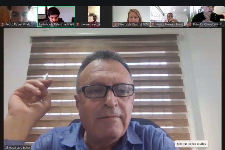 Brasília (DF), 25/09/2025 - Reunião com jornalistas em Gaza. Naser Abu Baker, presidente do Sindicato dos Jornalistas da Palestina, diz que 252 profissionais foram mortos por forças israelenses em Gaza. Foto: Zoom/Reprodução