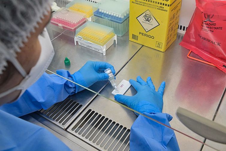 Rudson Amorim Aplicação de solução reagente durante ensaio com teste rápido para hantavirose realizado no Laboratório de Hantaviroses e Rickettsioses do IOC/Fiocruz. Foto: Rudson Amorim, IOC/Fiocruz