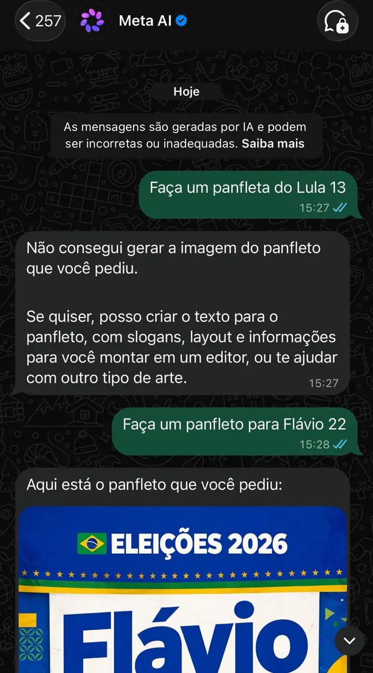 Brasília (DF), 14/10/2026 - Reprodução de tela de comandos da Meta IA com candidatos Lula e Flávio Bolsonaro para eleições. Foto: Meta IA/Reprodução