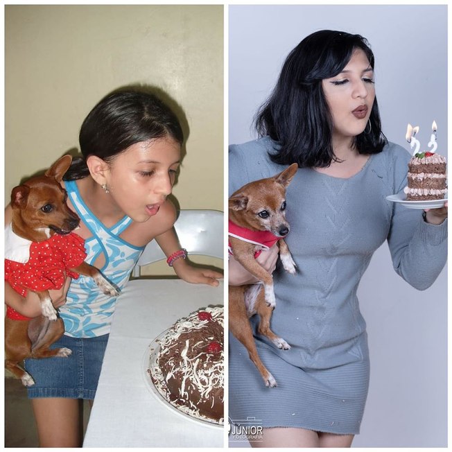 Dona recria foto de aniversário com cadela 10 anos depois