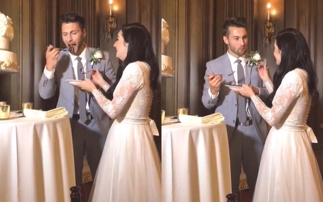 Noiva fica chocada ao ver o marido estragar a tradição do bolo de casamento