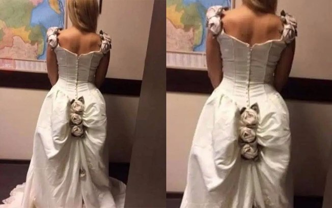 Mulher vira piada ao compartilhar foto do vestido de noiva: “Cuecão de rosas”