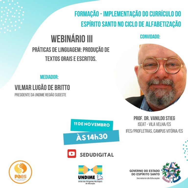 III webinário da formação ‘Implementação do Currículo do Espírito Santo no Ciclo de Alfabetização’ será nesta quarta-feira (11)