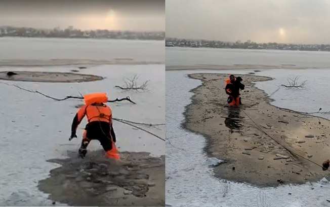 Socorrista resgata cachorro de lago congelado na Rússia