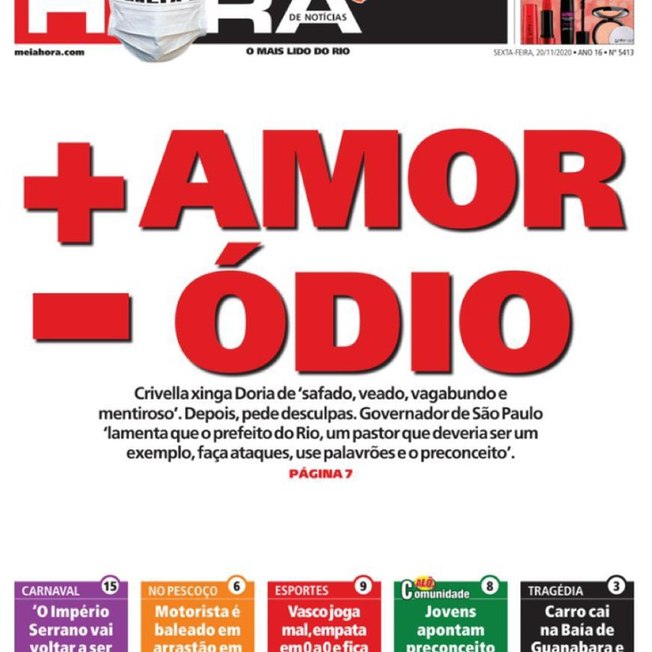 Jornal Meia Hora pede “mais amor e menos ódio” após Crivella xingar João Doria