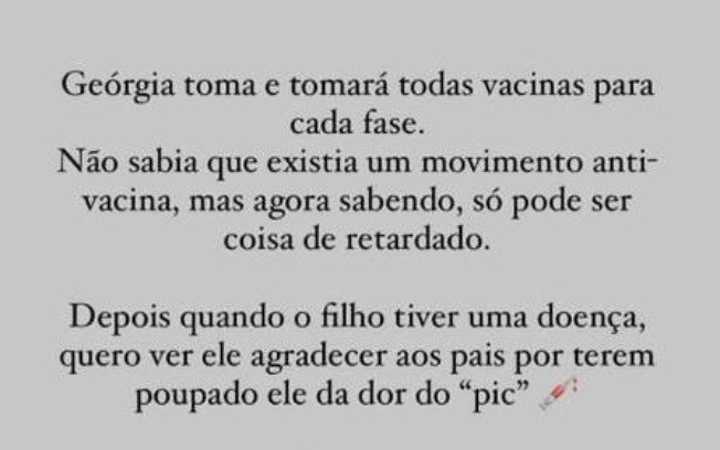 Movimento antivacina é “coisa de retardado”, diz esposa de Eduardo Bolsonaro