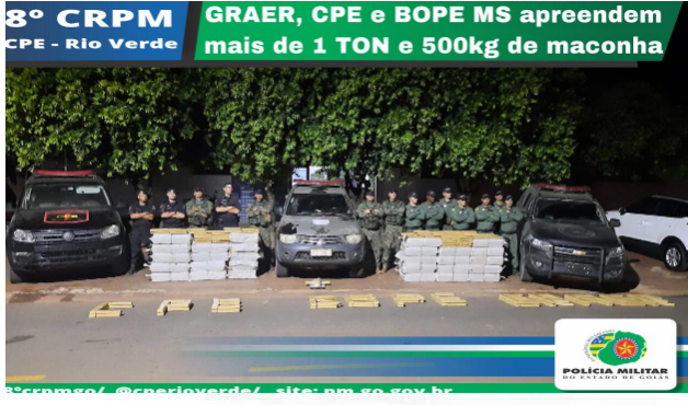 PMGO em ação conjunta com BOPE/MS apreendem mais de 1 tonelada e 500kg de maconha no Mato Grosso Do Sul