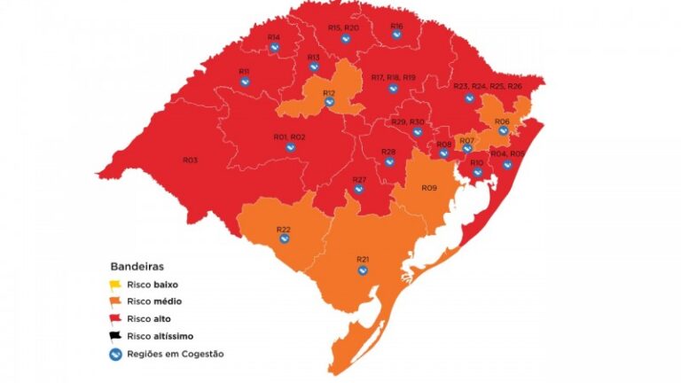 Mapa preliminar da 34ª rodada indica mais de 75% da população gaúcha em bandeira vermelha